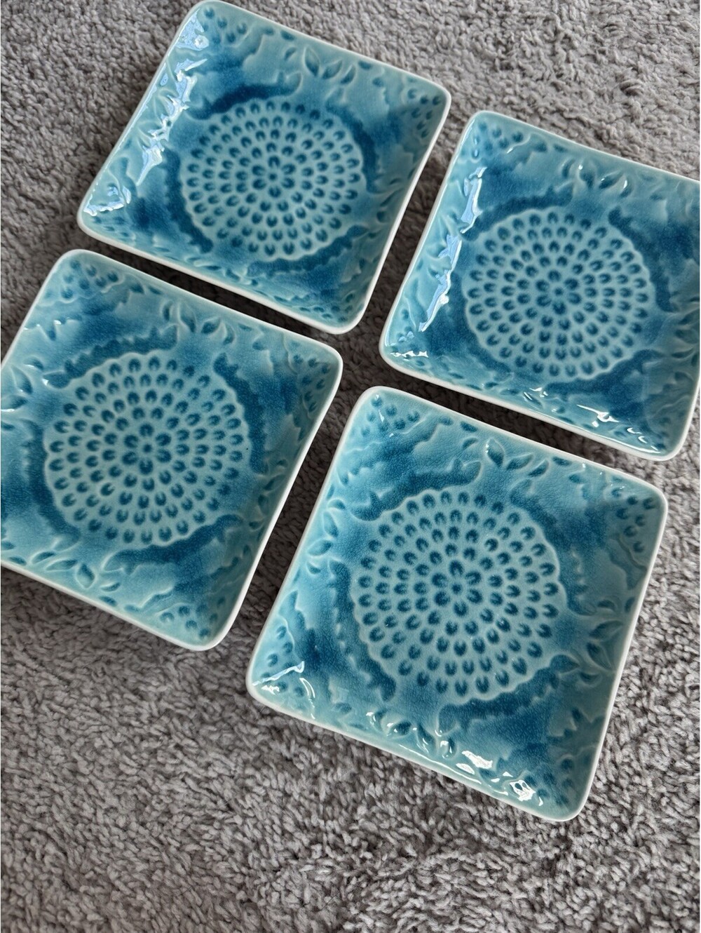 Roscher Moroccan Medallion Stoneware Plates Aqua Teal Set 4